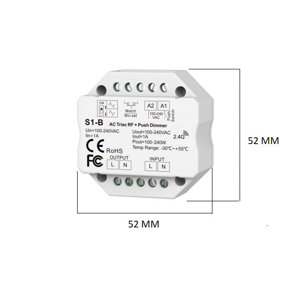 Vooraanzicht van de S1-B AC Triac RF + Push Dimmer, compact wit regelapparaat van 52x52 mm met aanduidingen voor input, output en technische specificaties, geschikt voor 100-240VAC toepassingen.