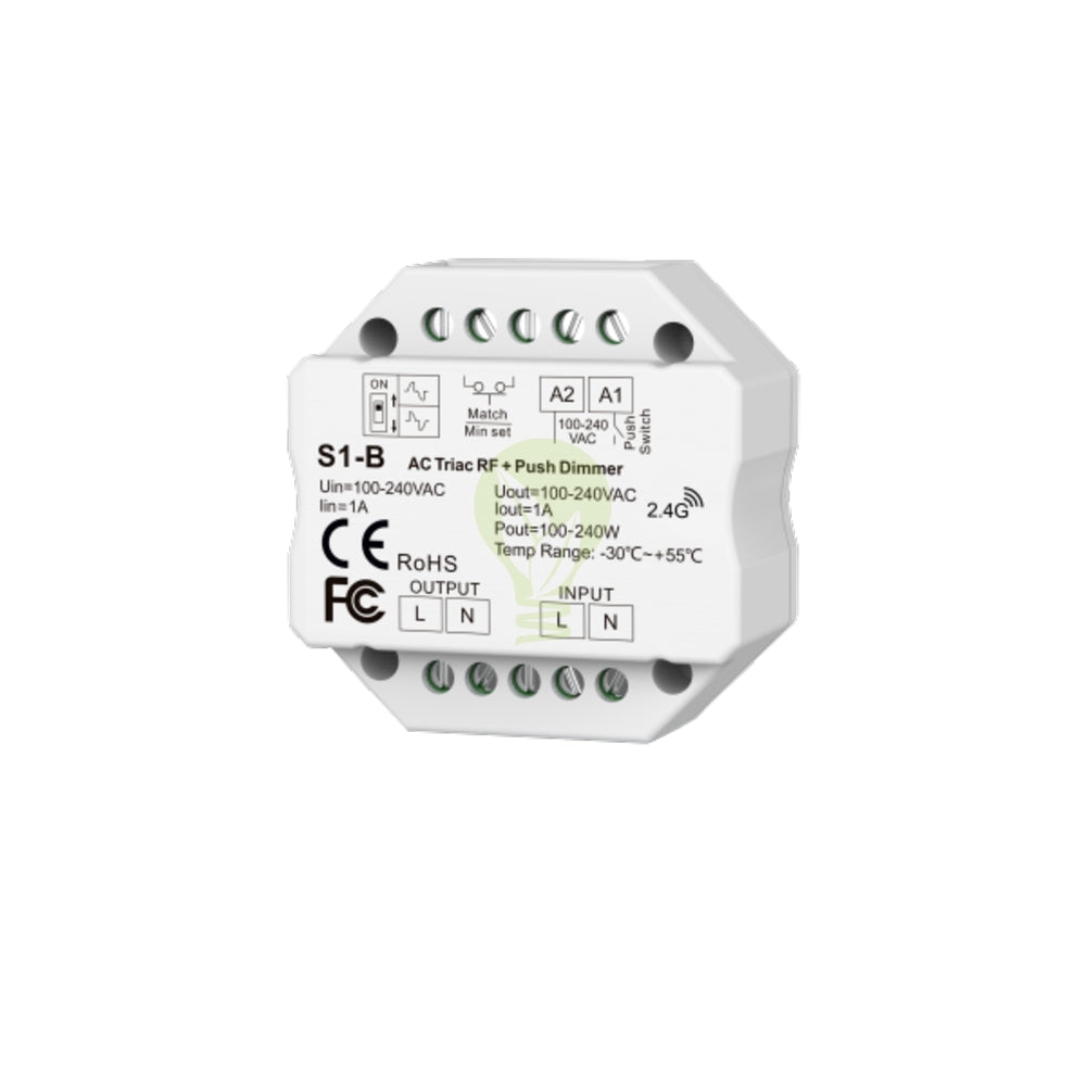 AC Triac RF + Push Dimmer S1-B voor inbouwmontage, vooraanzicht van het witte modulaire apparaat met aansluitpunten en specificaties zichtbaar op het label.