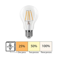 LED filamentlamp met E27 fitting in vooraanzicht, met dimfunctie op drie niveaus (25%, 50%, 100%) bedienbaar via schakelkast, weergegeven met visuele instructie.