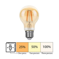 LED filamentlamp met E27 fitting in klassiek peervormig ontwerp, vooraanzicht; toont dimbare functie met drie helderheidsniveaus (25%, 50%, 100%) bedienbaar via standaard wandschakelaar.