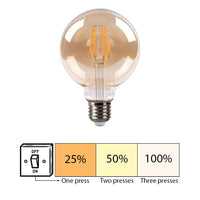 Vooraanzicht van een dimbare LED filamentlamp met E27 fitting en amberkleurig glas, inclusief schema dat de drie dimniveaus (25%, 50%, 100%) toont bij het bedienen van een standaard wandschakelaar.