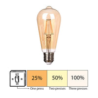 Dimbare LED filament lamp in vintage Edison-stijl, E27 fitting, vooraanzicht met schema van driestaps dimfunctie via wandschakelaar (25%, 50%, 100%).