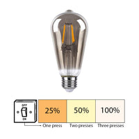 Dimbare LED filamentlamp in retro Edison-stijl met E27 fitting, vooraanzicht. De afbeelding toont ook een schema met drie lichtsterktes (25%, 50%, 100%) in te stellen via een gewone wandschakelaar met één, twee of drie keer drukken.