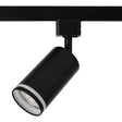 Zwarte cilindervormige LED railspot gemonteerd op een 3-fase rail, diagonaal vooraanzicht met zicht op de lens en houder.