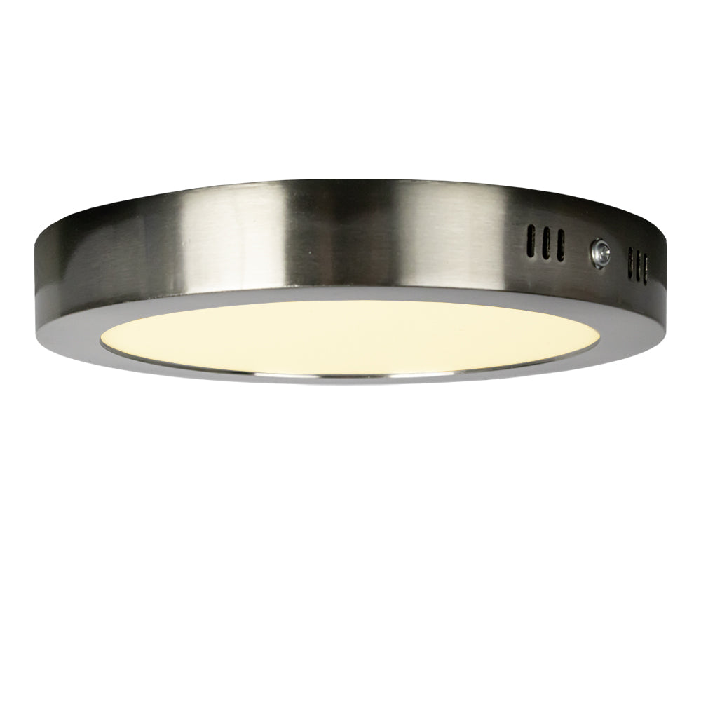 RVS LED onderbouwspot met schakelaar, rond model, schuin zijaanzicht.