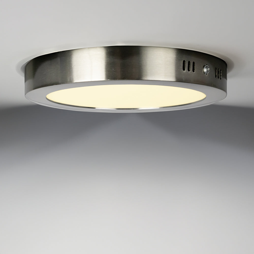 RVS plafondspot LED-opbouwlamp in ronde vorm met matte afwerking, zijdelings aanzicht tegen een witte plafondachtergrond.