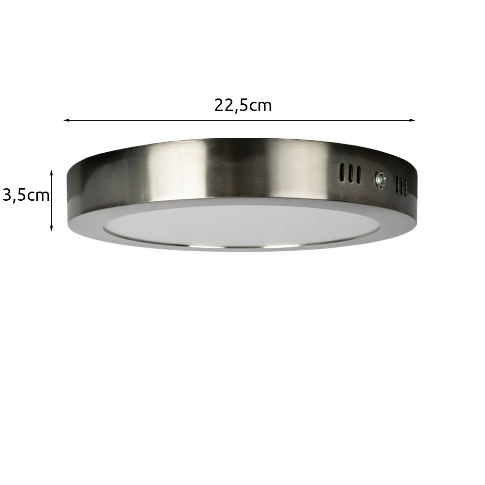 LED opbouw plafondspot rond in geborsteld staal met matte afdekplaat, zijaanzicht met afmetingen 22,5 cm diameter en 3,5 cm hoogte.
