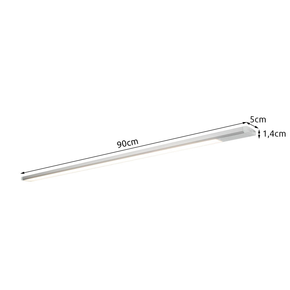 LED onderbouwlamp 90cm - zijaanzicht met afmetingen 90 cm lengte, 5 cm breedte en 1,4 cm hoogte, geschikt voor montage onder kasten of planken.