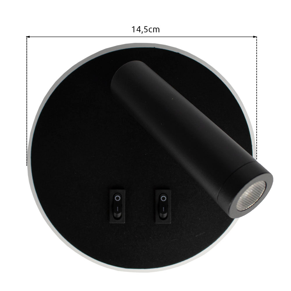 Zwart metalen wandlamp met ronde basis van 14,5 cm en draaibare cilindervormige spot, bovenaanzicht met twee afzonderlijke aan/uit-schakelaars.