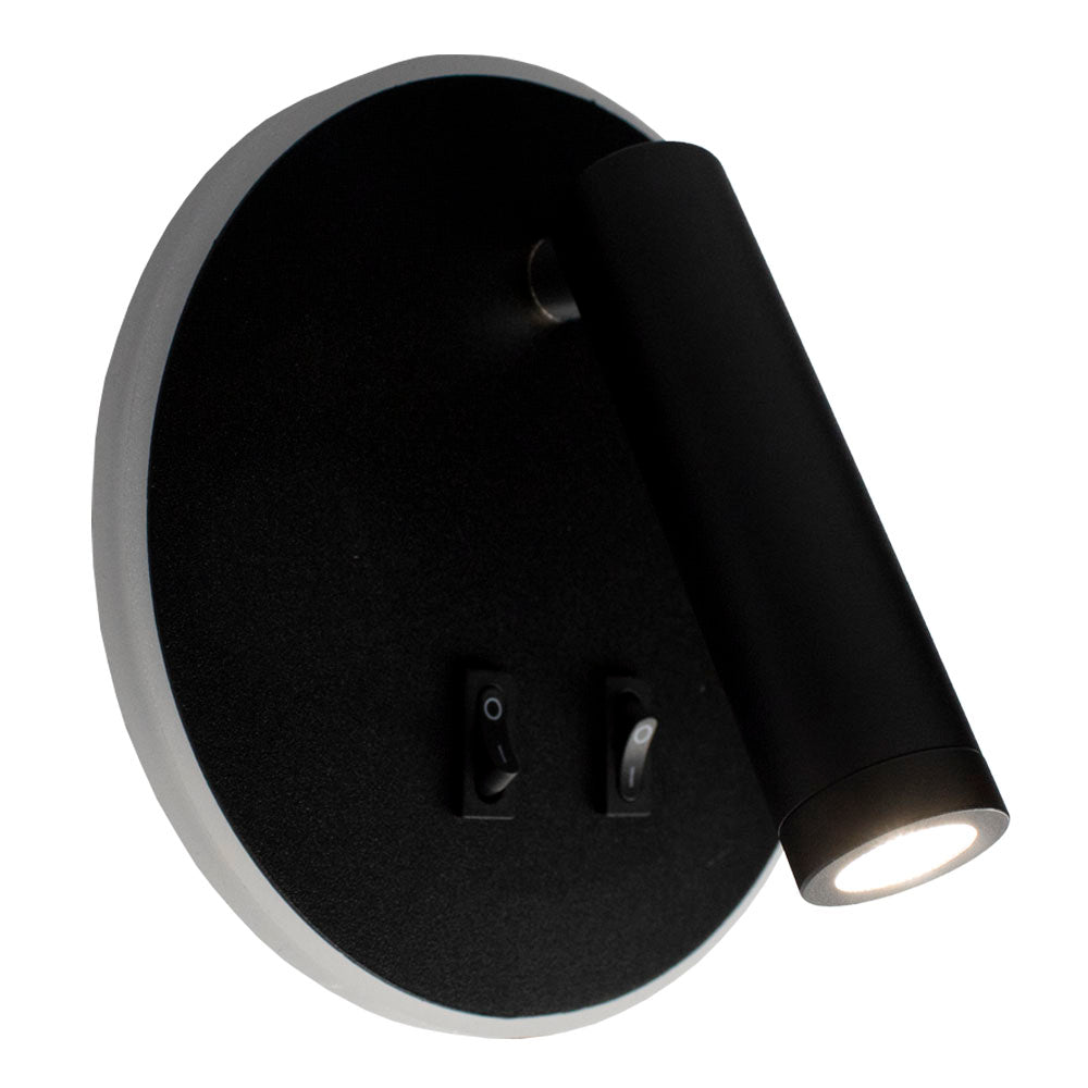 Zwarte ronde LED wandlamp met verstelbare cilindervormige spot en twee schakelknoppen, zijaanzicht.