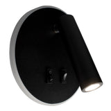 Zwarte ronde LED wandlamp met verstelbare cilindervormige spot en twee schakelknoppen, zijaanzicht.