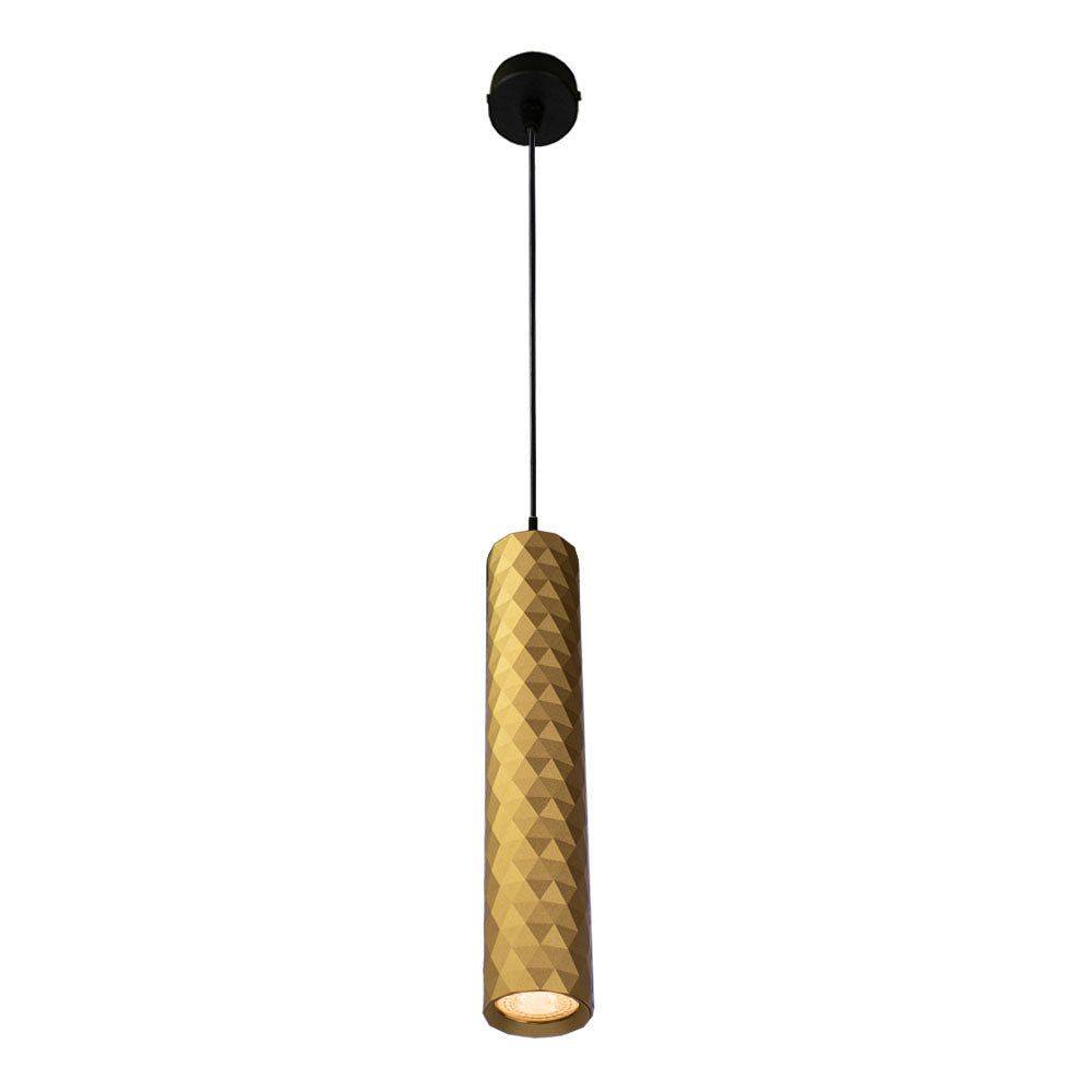 Langwerpige hanglamp 29cm | Ruit structuur | Goud | GU10 fitting | Aan foto