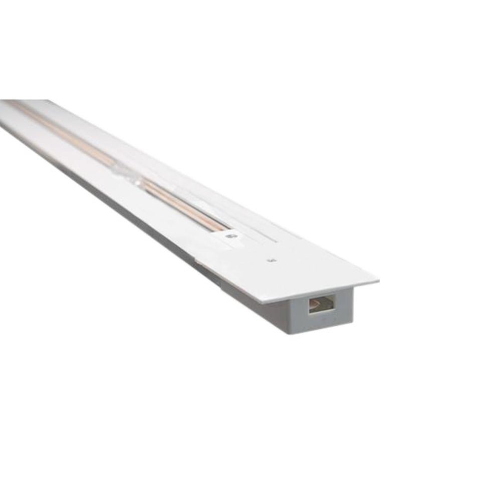 Inbouw spanningsrail 230V wit – schuine hoek vooraanzicht met zicht op kopse kant en ingebouwde kopergeleiders.