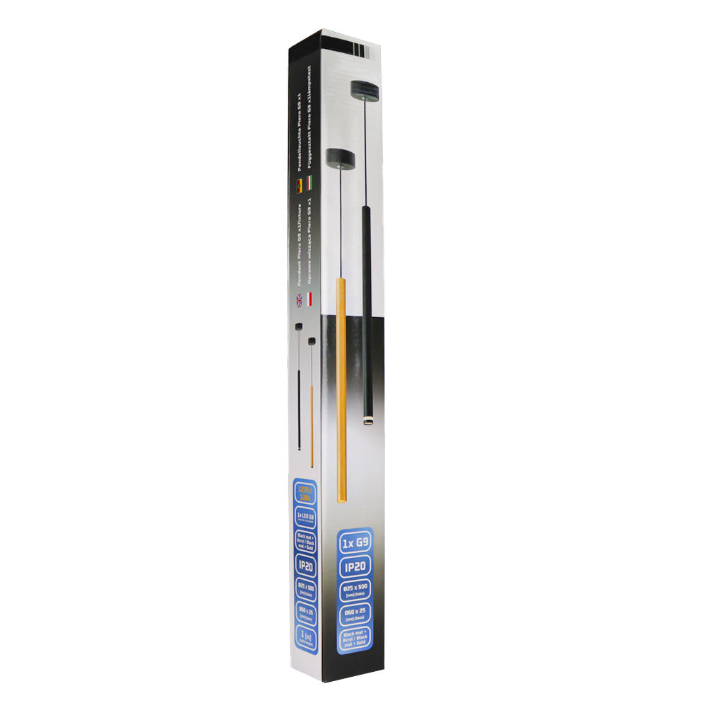 Productverpakking van een moderne hanglamp met slank cilindervormig ontwerp, afgebeeld in zijaanzicht. De doos toont afbeeldingen van de lamp in zwart en goudkleur, met technische specificaties zoals fittingtype G9, IP20-classificatie en afmetingen.