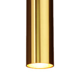 Gouden cilindervormige hanglamp met neerwaarts licht, close-up aanzicht van de onderzijde en zijkant.