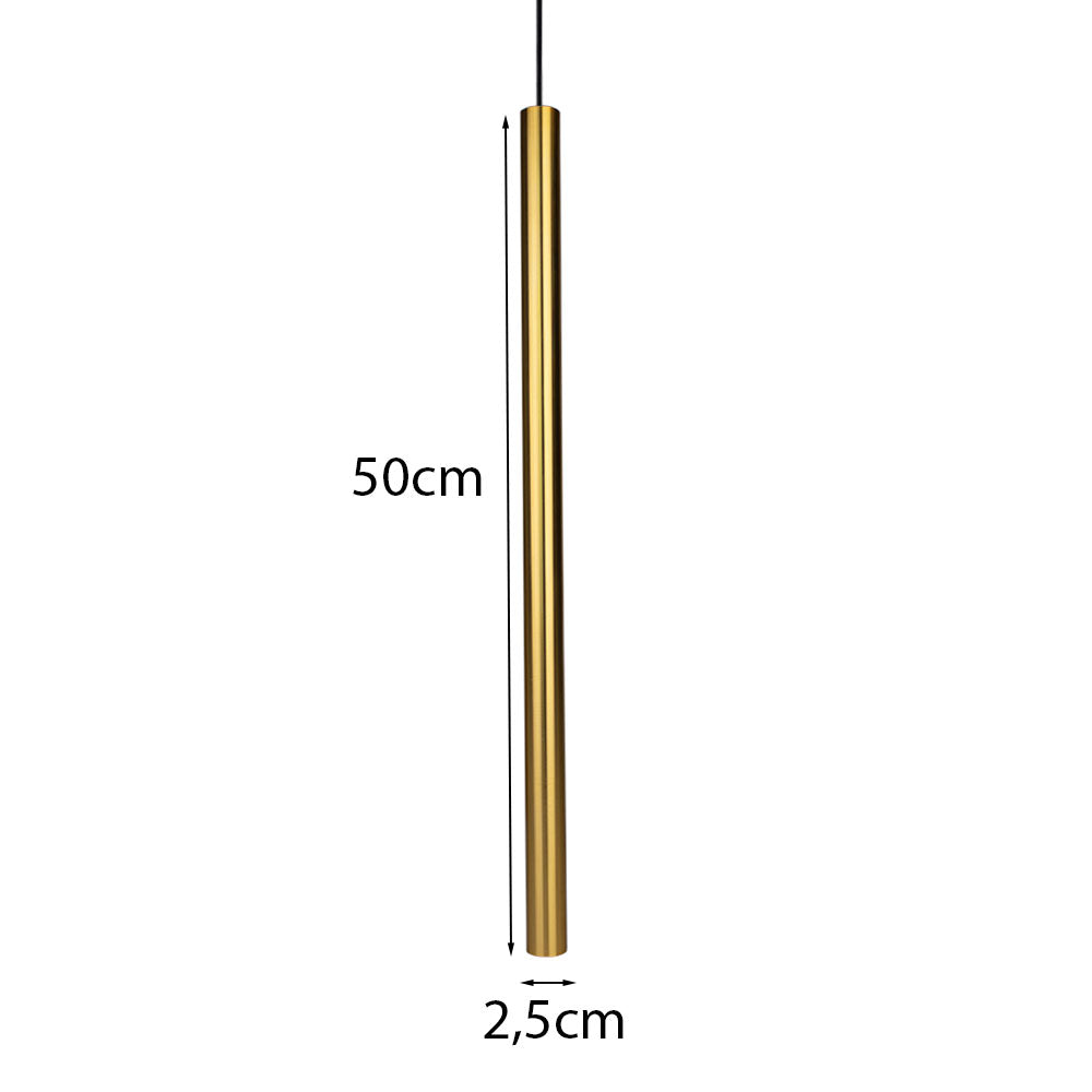 Gouden hanglamp cilinder vormig met afmetingen 50cm hoog en 2,5cm diameter, vooraanzicht op witte achtergrond.