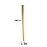 Gouden hanglamp cilinder vormig met afmetingen 50cm hoog en 2,5cm diameter, vooraanzicht op witte achtergrond.