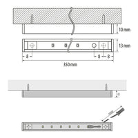 Technische tekening van een LED onderbouwverlichting van 350 mm lang, met bovenaanzicht, vooraanzicht en zijaanzicht, inclusief afmetingen van hoogte (13 mm), diepte (10 mm) en boorafstand, geschikt voor montage onder kasten of planken.