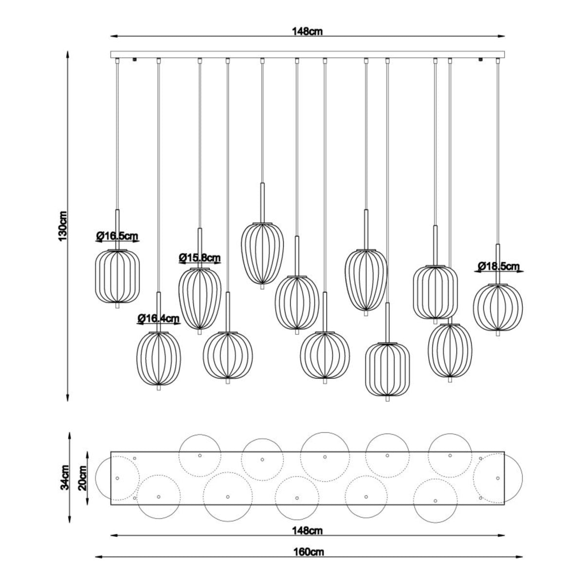 Hanglamp ATTILA 160.0 cm 12-lichts Zwart