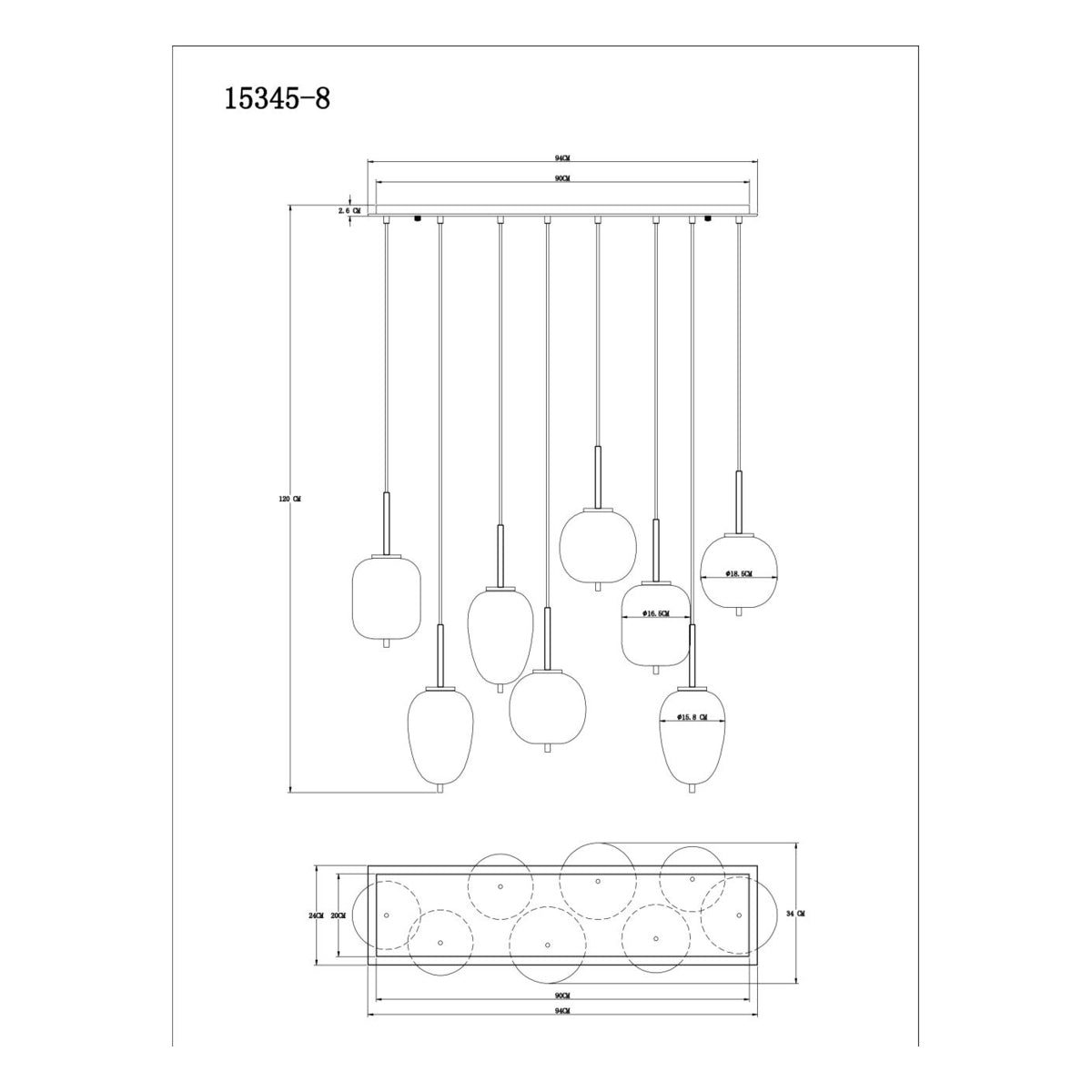 Hanglamp BLACKY 94.0 cm 8-lichts Zwart