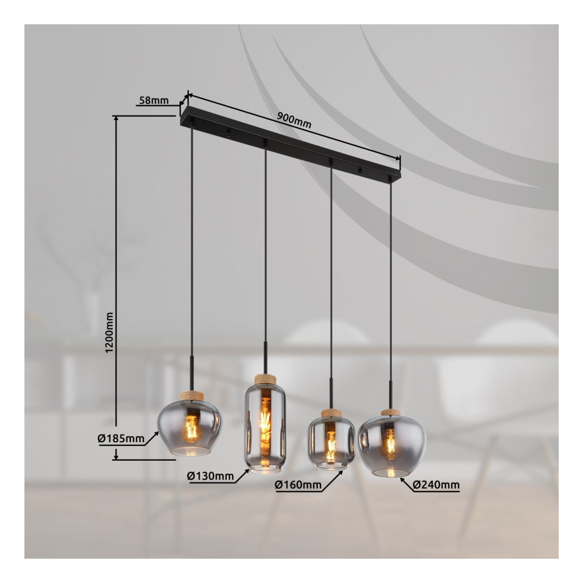 Hanglamp MATT 96.0 cm 4-lichts Zwart