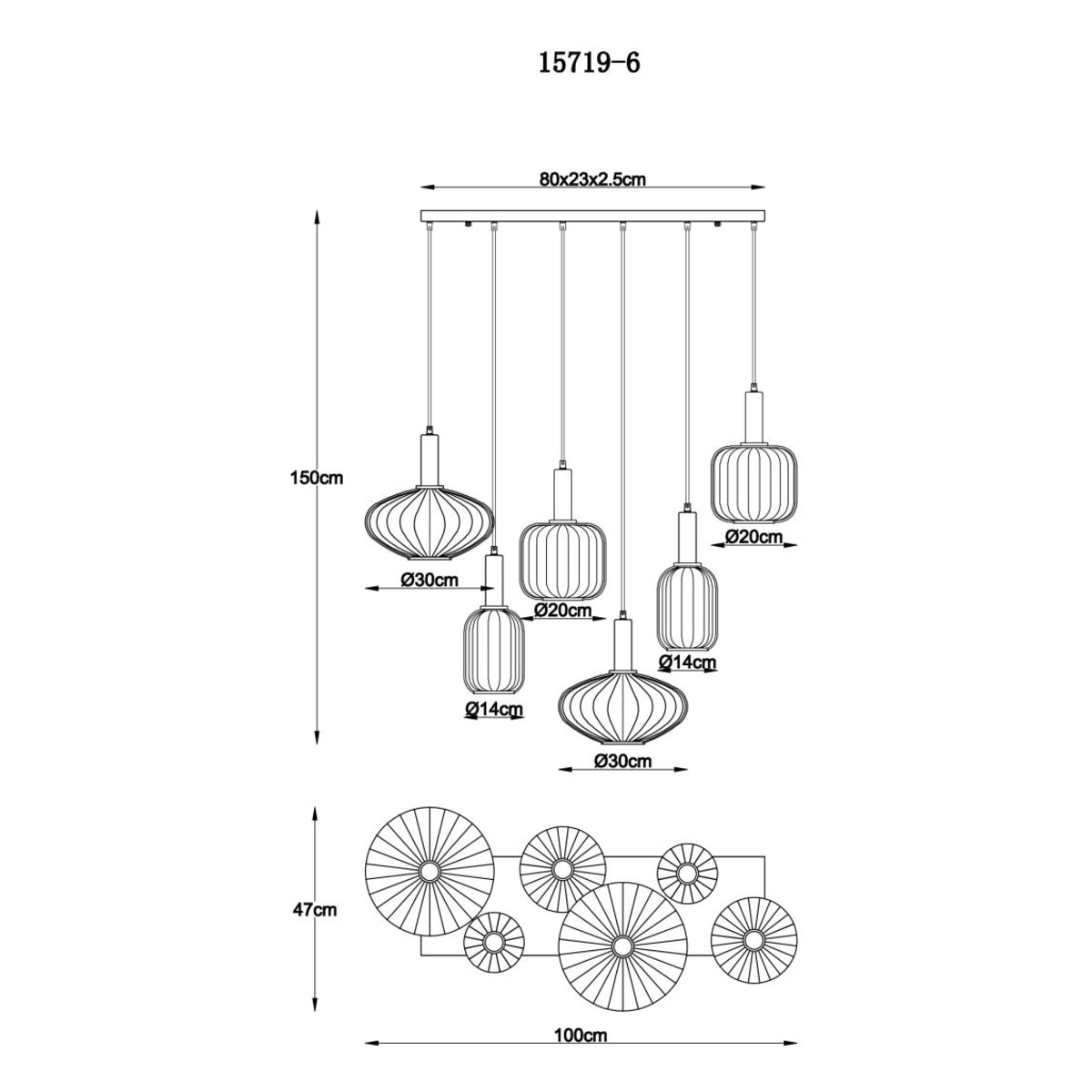 Hanglamp VALLETTA 100.0 cm 6-lichts Zwart