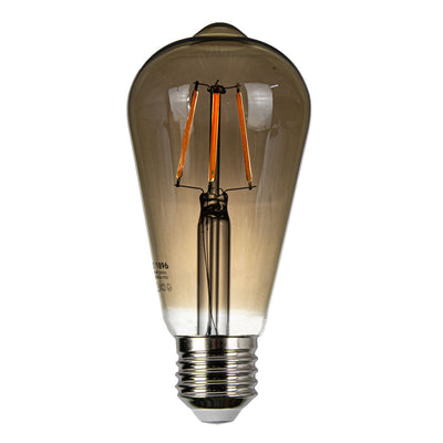 Vintage LED filamentlamp met E27 fitting en amberkleurig glas, frontaal aanzicht.