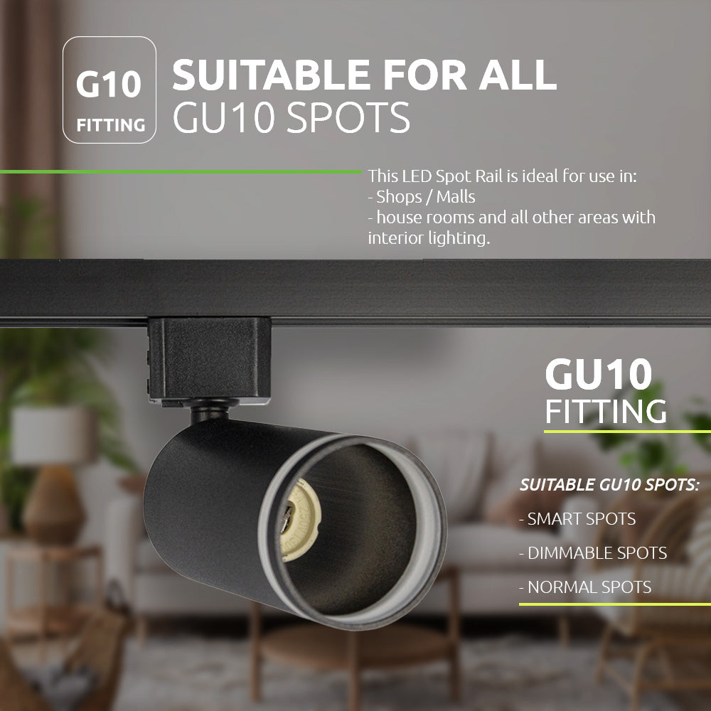 Zwarte GU10 railspot met fitting, gemonteerd aan een zwarte rail, gezien in zij- en onderaanzicht, geschikt voor smart, dimbare en normale GU10 spots, ideaal voor interieurverlichting in winkels, woonkamers en andere binnenruimtes.