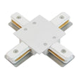 Witte X-connector voor 3-fase railsysteem, bovenaanzicht – ideaal voor het verbinden van vier raildelen in een kruisvormige opstelling binnen verlichtingsinstallaties.