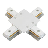 Witte X-connector voor 3-fase railsysteem, bovenaanzicht – ideaal voor het verbinden van vier raildelen in een kruisvormige opstelling binnen verlichtingsinstallaties.