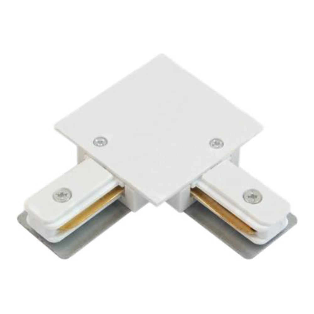 Witte L-connector voor 1-fase spanningsrail, bovenaanzicht – railverbindingsstuk met koperen geleiders en bevestigingsschroeven voor het verbinden van twee raildelen in een haakse opstelling.