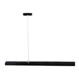 Zwarte moderne hanglamp met langwerpig design, minimalistisch frontaal aanzicht tegen witte achtergrond.