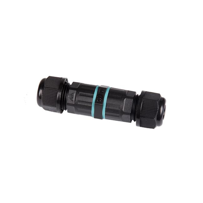 Waterdichte kabelconnector IP68 in zwart kunststof, horizontaal zijaanzicht, geschikt voor veilige elektrische verbindingen in buitentoepassingen.