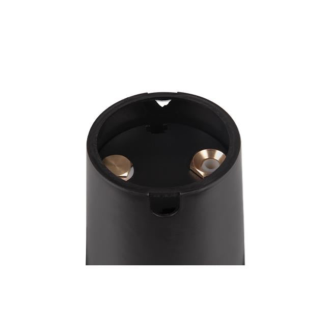 Zwarte kunststof fittingadapter met metalen contactpunten, gezien vanaf de bovenkant (bovenzijaanzicht), geschikt voor aansluiting van elektrische lampen of verlichtingssystemen.