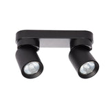 Zwarte moderne plafondspot met twee verstelbare lichtspots, productaanzicht van onderen schuin van voren. Ideal voor gerichte verlichting in woon- of werkruimtes.