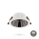 Witte LED downlight met CCT-schakelaar, vooraanzicht met zicht op reflector en montageklemmen.