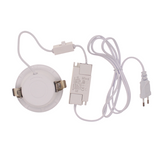 Ronde LED inbouwspot met driver en stroomkabel, achterkant aanzicht, geschikt voor plafondmontage.
