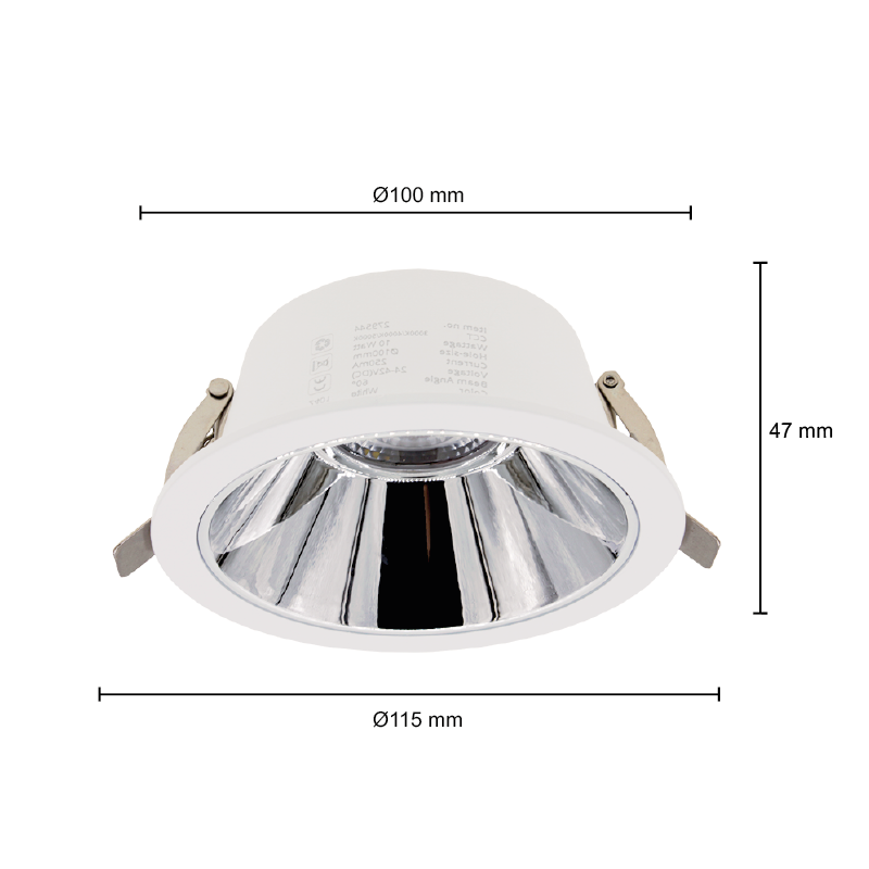 Witte ronde LED downlight met aluminium reflector, gefotografeerd in vooraanzicht met zichtbare afmetingen: buitenmaat Ø115 mm, inbouwdiameter Ø100 mm en hoogte 47 mm. Ideaal voor plafondinbouw.
