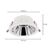 Witte ronde LED downlight met aluminium reflector, gefotografeerd in vooraanzicht met zichtbare afmetingen: buitenmaat Ø115 mm, inbouwdiameter Ø100 mm en hoogte 47 mm. Ideaal voor plafondinbouw.
