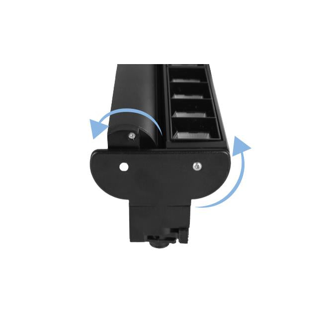 Detailaanzicht van een black ventilatierooster met verstelbare lamellen en scharnierende montage, gezien vanaf de zijkant met rotatiepijlen die de verstelbaarheid illustreren.