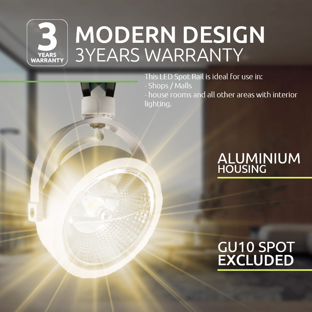 Close-up vooraanzicht van een moderne LED spot rail lamp met aluminium behuizing, geschikt voor interieurverlichting in winkels, winkelcentra en woonruimtes, GU10 spot niet inbegrepen – inclusief melding van 3 jaar garantie.