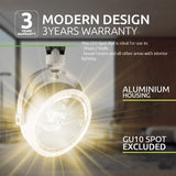 Close-up vooraanzicht van een moderne LED spot rail lamp met aluminium behuizing, geschikt voor interieurverlichting in winkels, winkelcentra en woonruimtes, GU10 spot niet inbegrepen – inclusief melding van 3 jaar garantie.