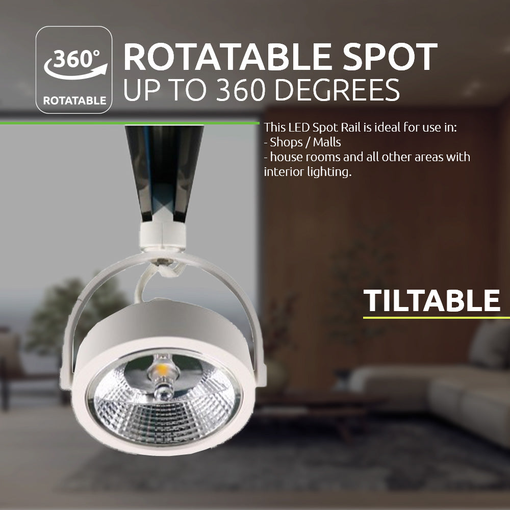 Close-up vooraanzicht van een witte 360 graden draaibare en kantelbare LED railspotlamp, ideaal voor gebruik in winkels, winkelcentra en woonruimtes met interieurverlichting.