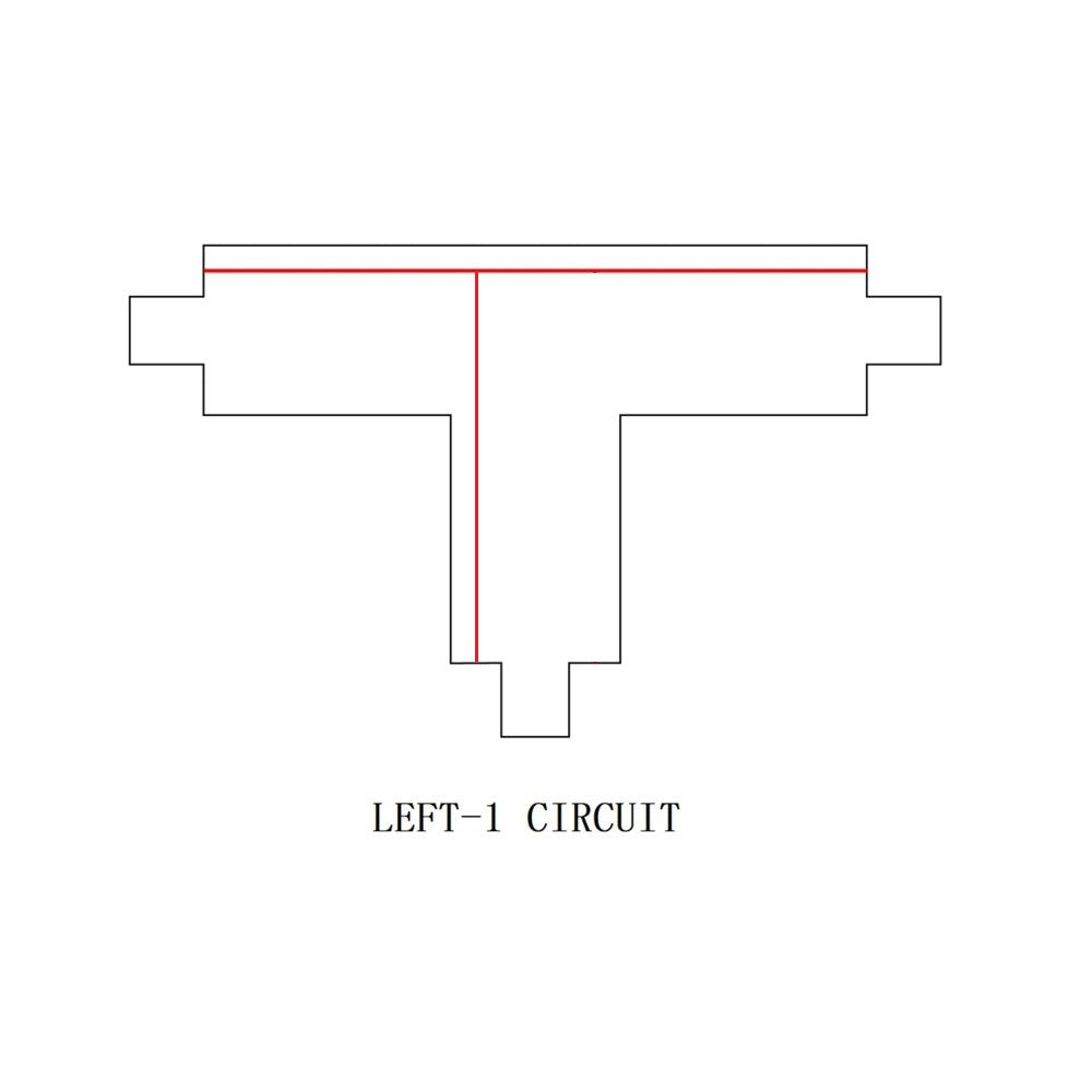 Technische tekening van het product 'LEFT-1 CIRCUIT' met bovenaanzicht, toont een T-vormige circuitlay-out met rode lijnen die de stroomrichting aangeven.