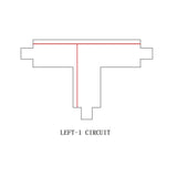 Technische tekening van het product 'LEFT-1 CIRCUIT' met bovenaanzicht, toont een T-vormige circuitlay-out met rode lijnen die de stroomrichting aangeven.