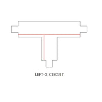 Technische lijntekening van het product "LEFT-2 CIRCUIT" met bovenaanzicht, waarin de geometrie en interne kanaalstructuur in rood weergegeven zijn voor een duidelijk zicht op het fluïdumcircuit.