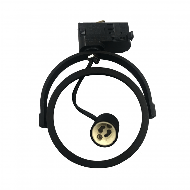 Zwarte railspot met ronde open armatuur en GU10 fitting, bovenaanzicht van het product.