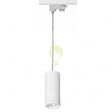 Witte cilindervormige LED hanglamp voor 3-fase spanningsrailsysteem, frontaal aanzicht met zicht op plafondmontage en stroomrailadapter.