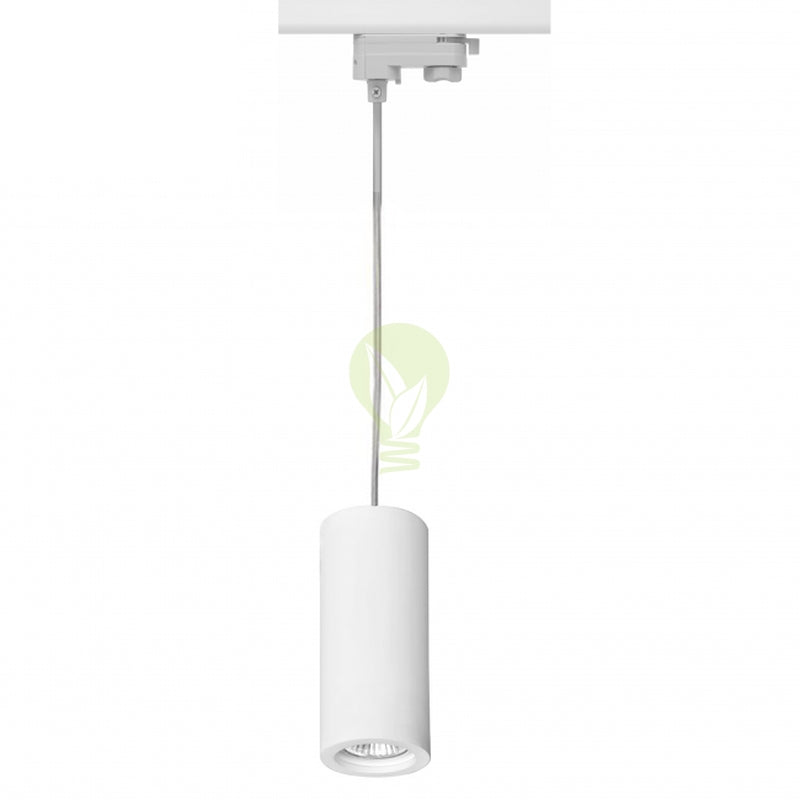 Witte cilindervormige LED hanglamp voor 3-fase spanningsrailsysteem, frontaal aanzicht met zicht op plafondmontage en stroomrailadapter.