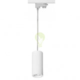 Witte cilindervormige LED hanglamp voor 3-fase spanningsrailsysteem, frontaal aanzicht met zicht op plafondmontage en stroomrailadapter.